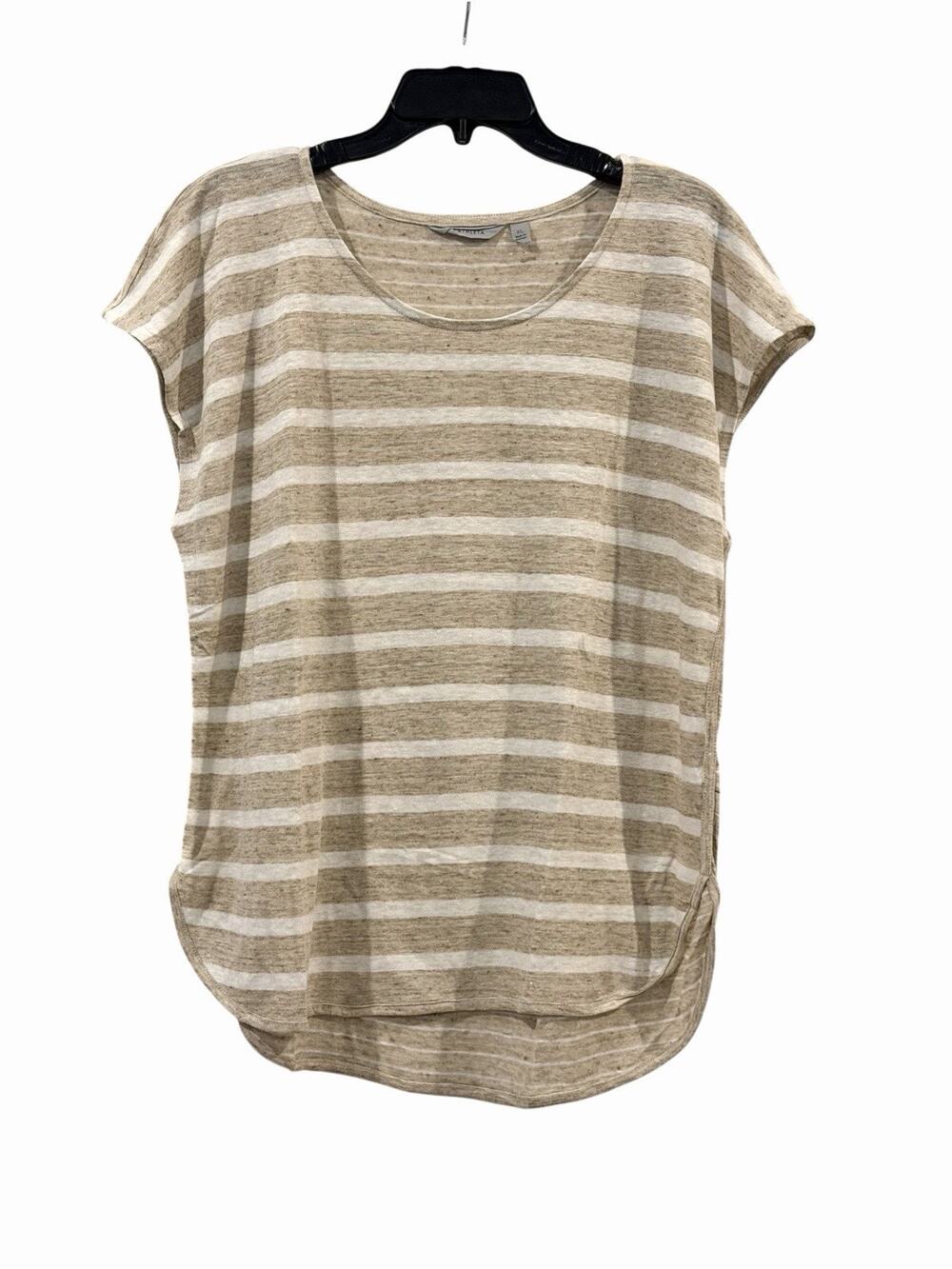 Athleta Beige Striped 100% Linen Short Sleeve Top SZ XL Lightweight Casual